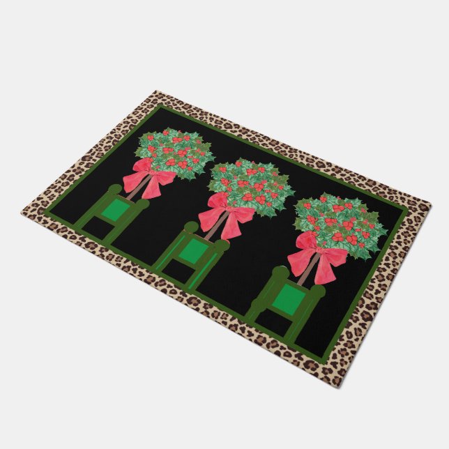 Red Leopard  Holly Berry Chinoiserie  Doormat (Angled)
