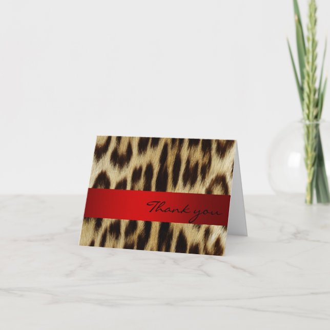Red Leopard Monogram Stripes Thank You Note Card (Front)