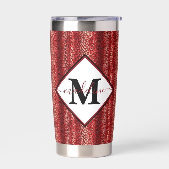 Red leopard print personalized insulated tumbler (Left)
