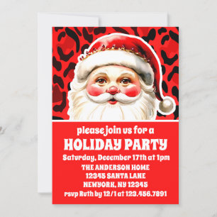 Red Leopard Print Retro Santa Christmas Party Invitation