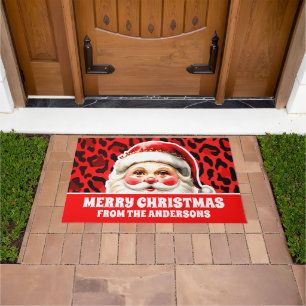 Red Leopard Print Retro Santa Claus Christmas Doormat