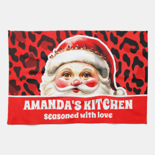 Red Leopard Print Retro Santa Claus Christmas Kitchen Towel