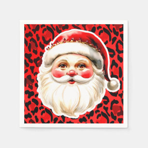 Red Leopard Print Retro Santa Claus Christmas Napkin