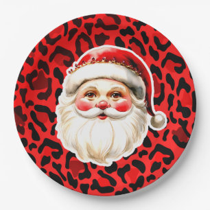 Red Leopard Print Retro Santa Claus Christmas Paper Plate