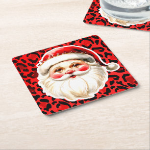 Red Leopard Print Retro Santa Claus Christmas Square Paper Coaster
