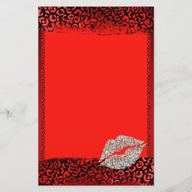 Red Leopard Print Silver Kiss Stationery (Front)