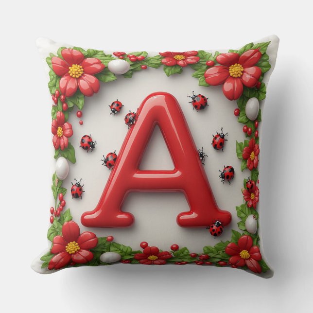 🐞 Red Letter A with Ladybugs Poppies Throw Pillow (Front)
