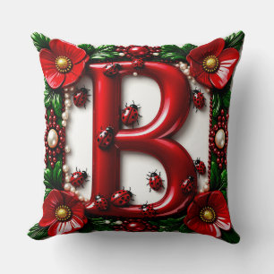 🐞 Red Letter B Ladybugs Poppies Pearls  Throw Pillow