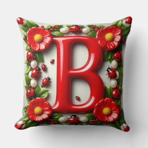 🐞 Red Letter B Name Plate Ladybugs Poppies Throw Pillow