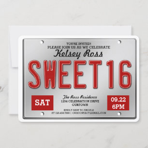 Red License Plate Sweet 16 Parties Invitations