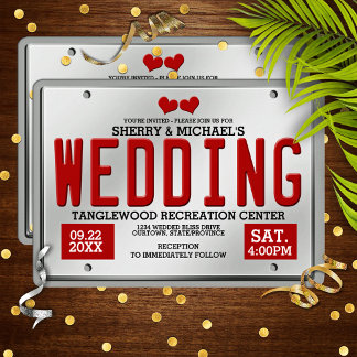 Red License Plate Wedding Invitation