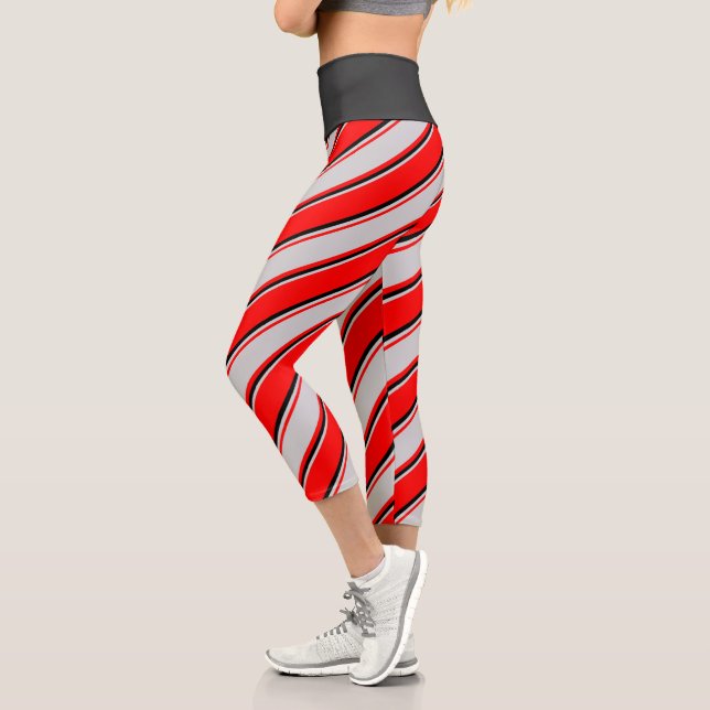 Red, Light Gray & Black Stripes Leggings (Left)