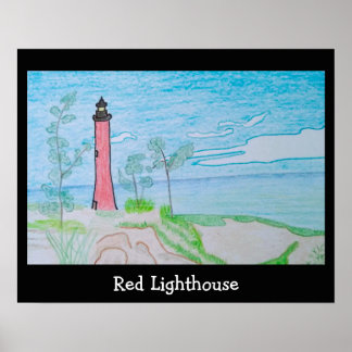 Red Light House at the Beach Poster