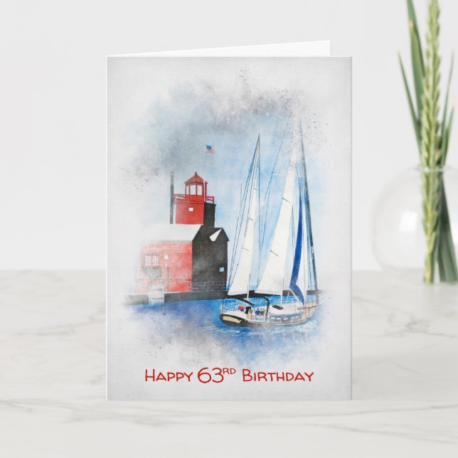 Red Lighthouse and Sailboat 63rd Birthday Card (Front)