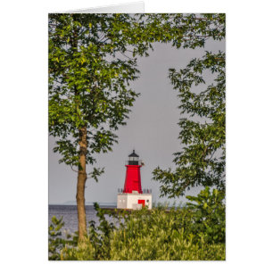 Red Lighthouse at End of Pier on Lake Michigan