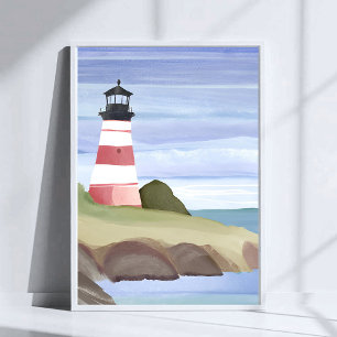 Red Lighthouse   Coastal Ocean Watercolor Painting Poster