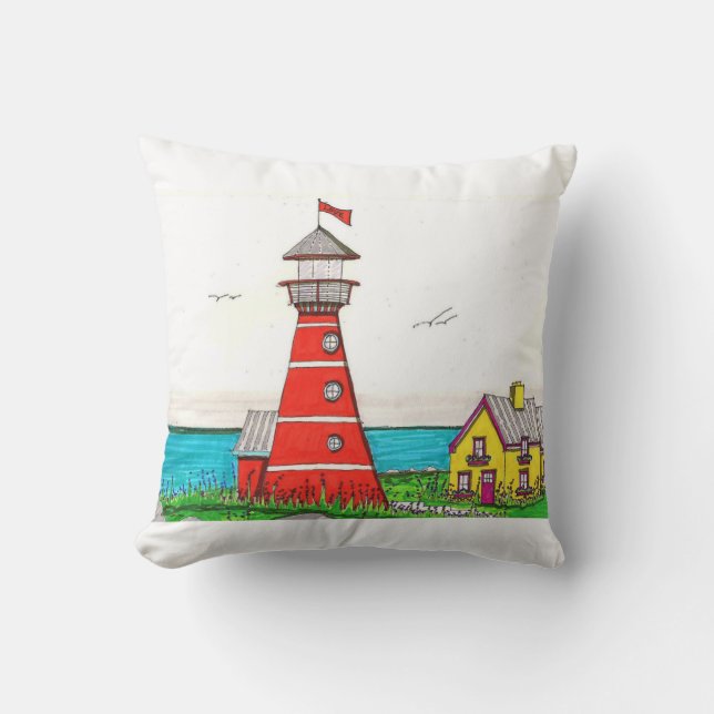 Red Lighthouse Throw Pillow (Front)