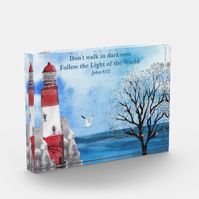 Red Lighthouse Watercolor Scene Poster Photo Block (Left)