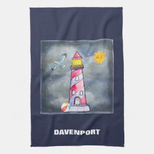 Red Lighthouse with a Stormy Background Kitchen Towel
