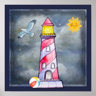 Red Lighthouse with a Stormy Background Poster