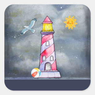 Red Lighthouse with a Stormy Background Square Sticker
