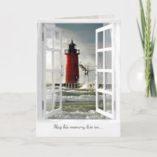 red lighthouse with big wave scene sympathy card