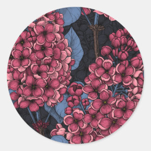 Red lilac on dark blue classic round sticker
