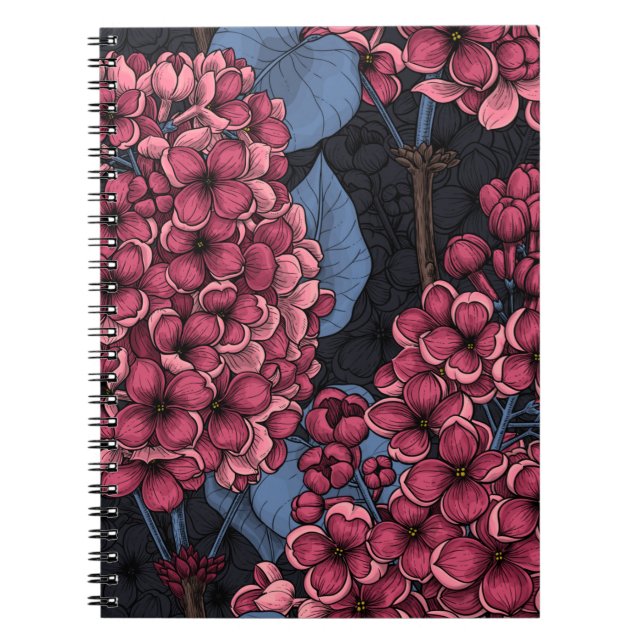 Red lilac on dark blue notebook (Front)