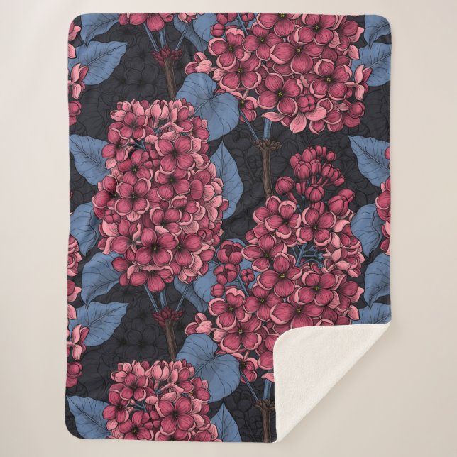 Red lilac on dark blue sherpa blanket (Front)