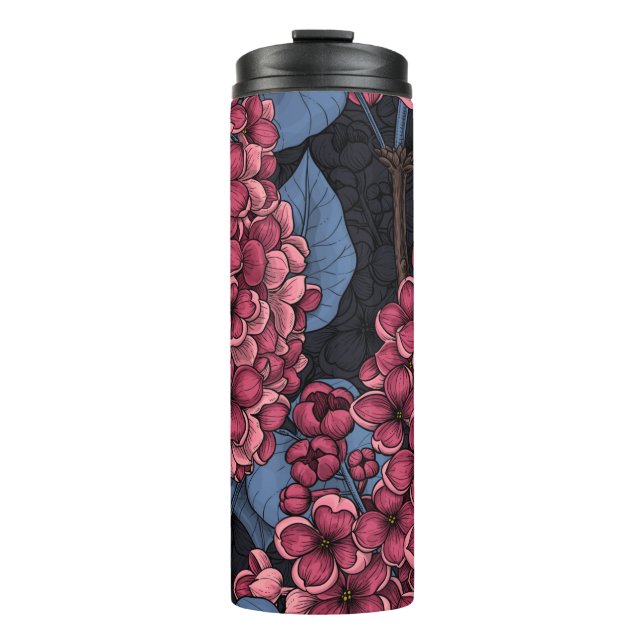 Red lilac on dark blue thermal tumbler (Front)
