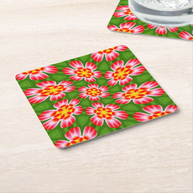 Red Lilies Pattern Square Paper Coaster (Angled)