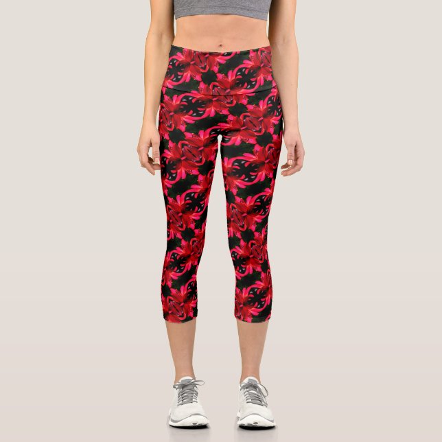 Red Lily Floral Abstract Art Pattern      Capri Leggings (Front)