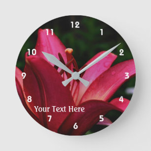 Red Lily Flower Petals And Center Round Clock