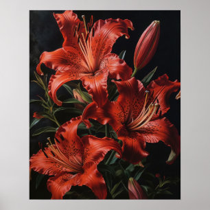 Red Lily Flowers Art Print Poster