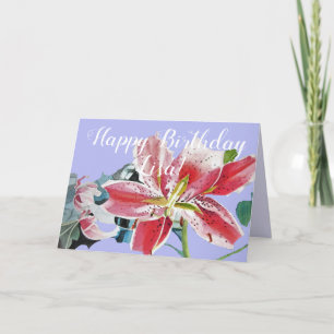 Red Lily mauve floral Watercolor Birthday Card