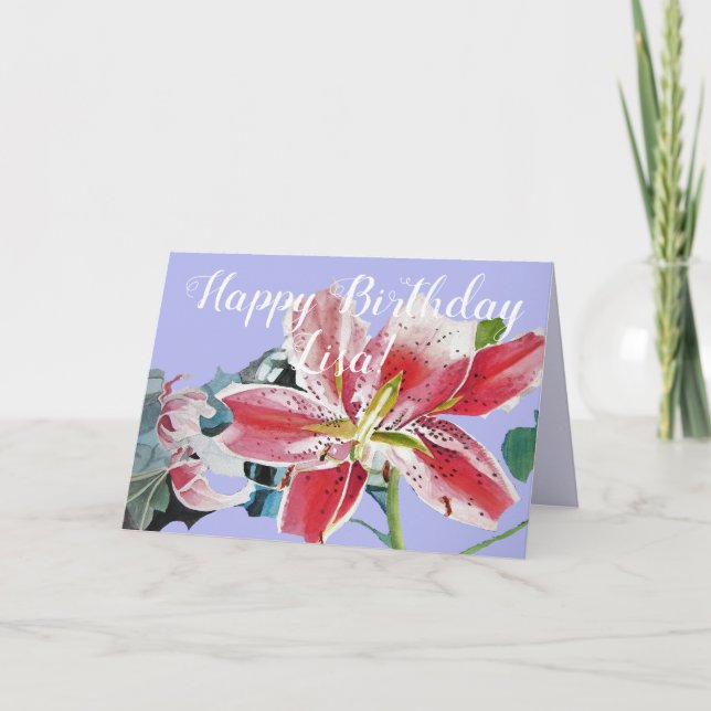 Red Lily mauve floral Watercolour Birthday Card (Front)
