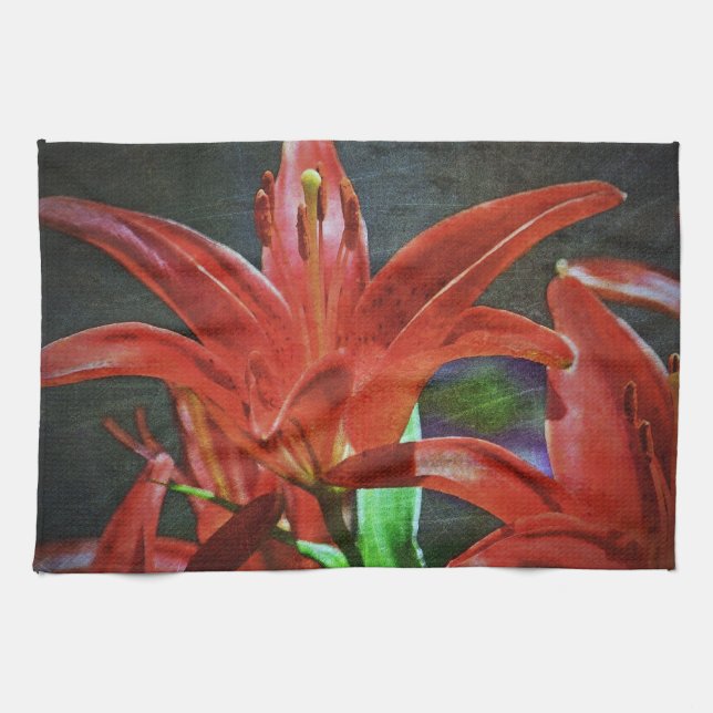 Red Lily Textured Kitchen Towel (Horizontal)