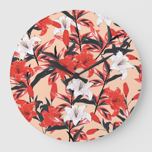 Red Lily: Vintage Botanical Pattern. Large Clock (Front)