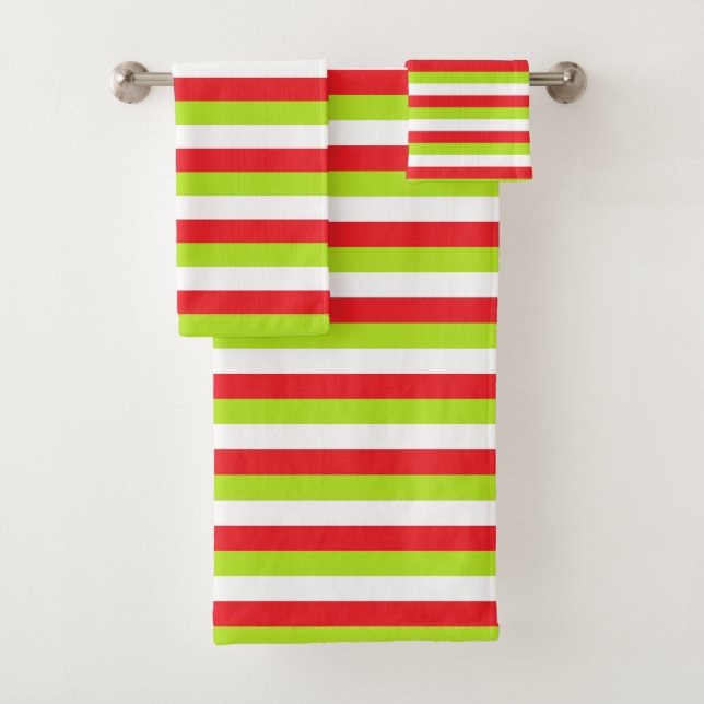 Red, Lime Green and White Stripes Bath Towel Set (Insitu)