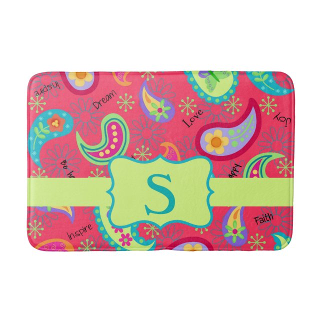 Red Lime Green Monogram Modern Paisley Pattern Bath Mat (Front)