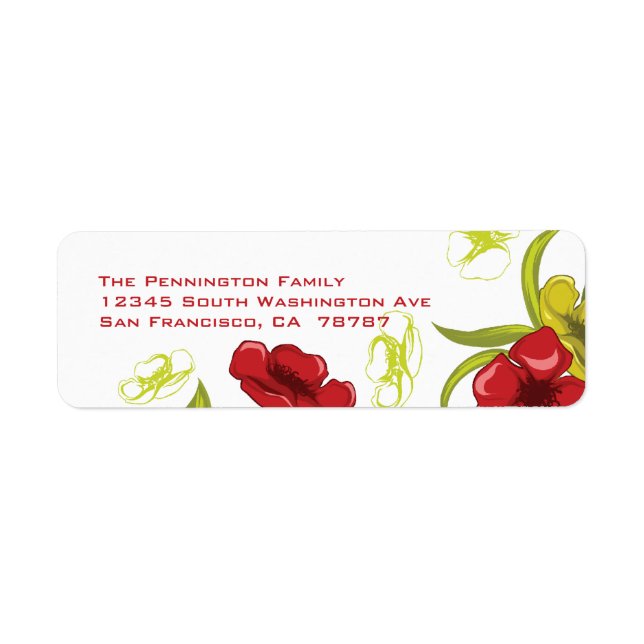 Red + Lime Green poppy flowers address label (Front)