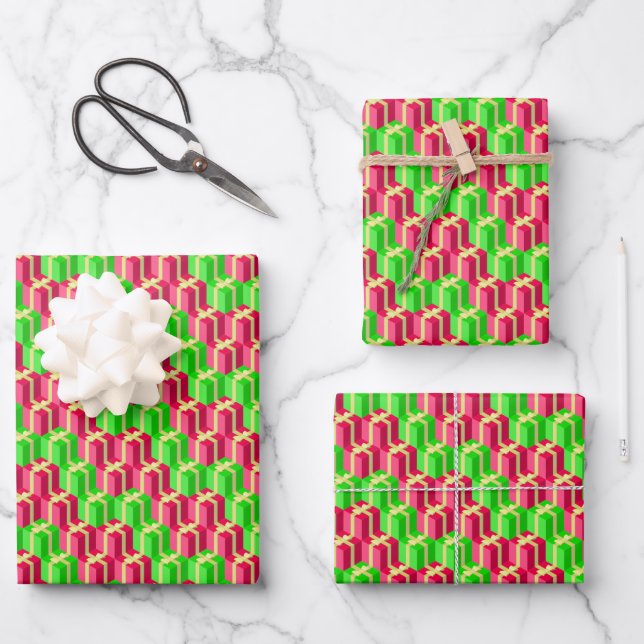 Red Lime Kelly Green Gold Fun Pattern Christmas Wrapping Paper Sheet (Front)