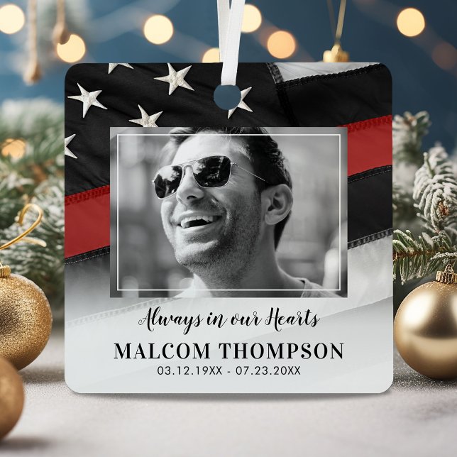 Red Line Firefighter Photo Memorial Metal Ornament (Creator Uploaded)