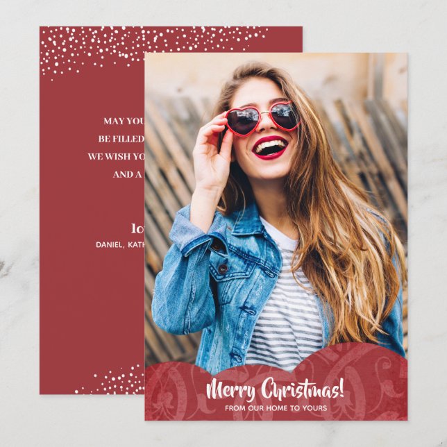 Red Linen Filigree Photo Christmas Holiday Card (Front/Back)