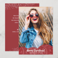 Red Linen Filigree Photo Christmas Holiday Card