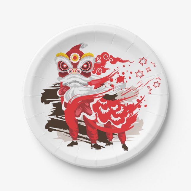 Red Lion Dancer Illustration Paper Plate (Front)