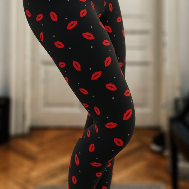 Red Lip Print Lipstick Baiser Leggings noirs (Cute red lipstick kisses on a dotty pair of black leggings. Perfect just for you!)