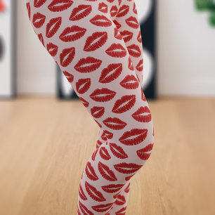 Red Lip Print Pattern on Pink Leggings