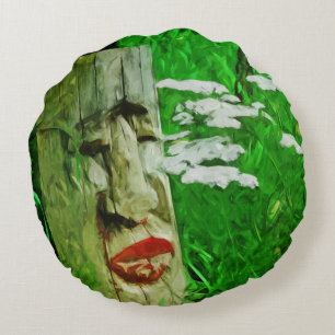 Red Lipped American Indian Totem Among Wildflowers Round Pillow