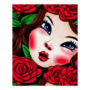 Red Lips and Red Roses Pattern Poster